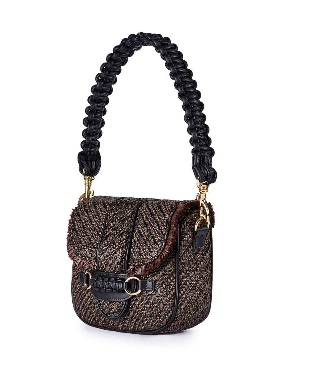 Stylish black and brown woven handbag with braided strap and gold accents