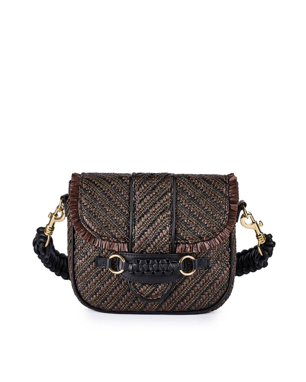 Elegant black and gold woven handbag with braided strap and gold hardware
