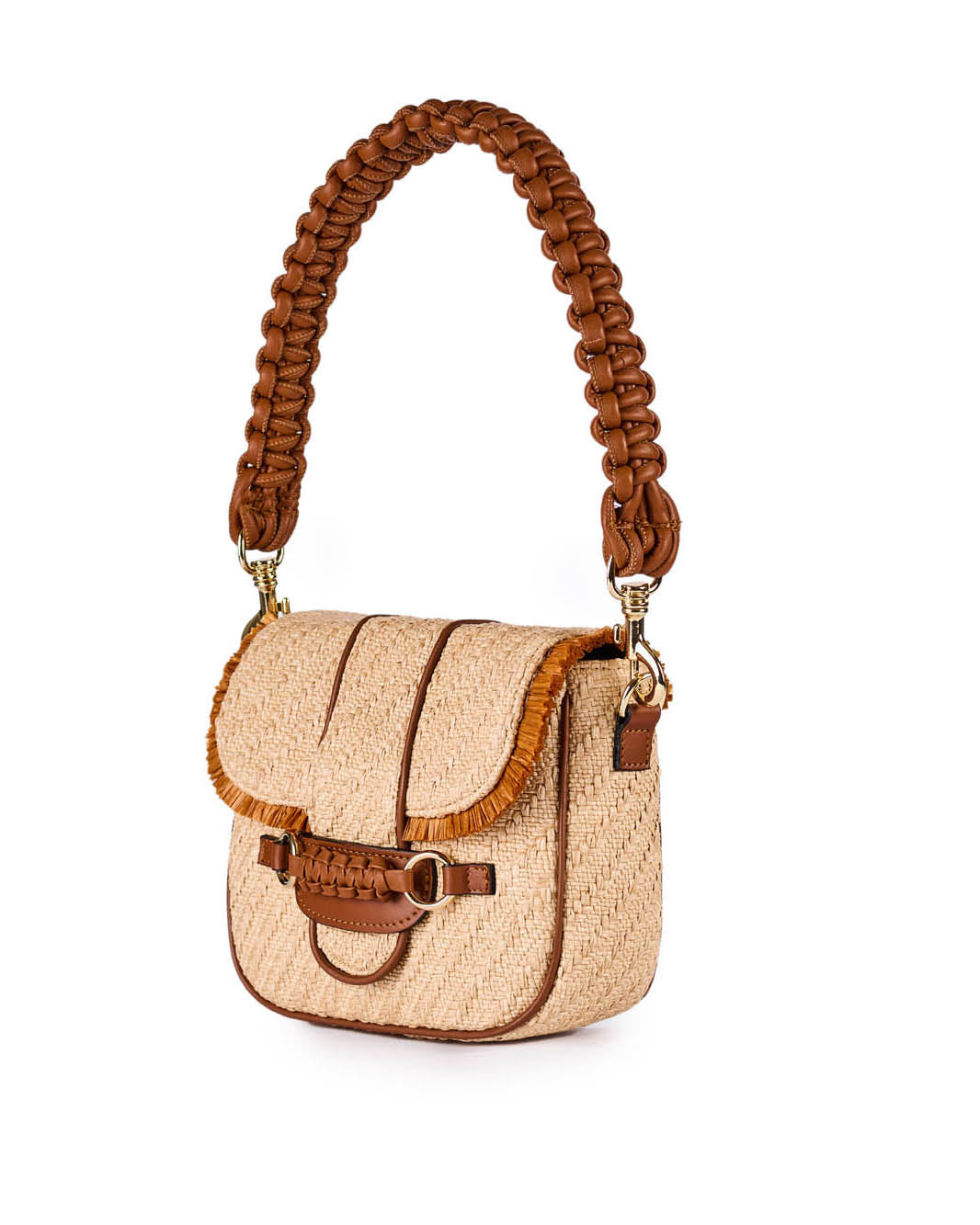 Stylish tan woven handbag with braided leather handle and gold accents