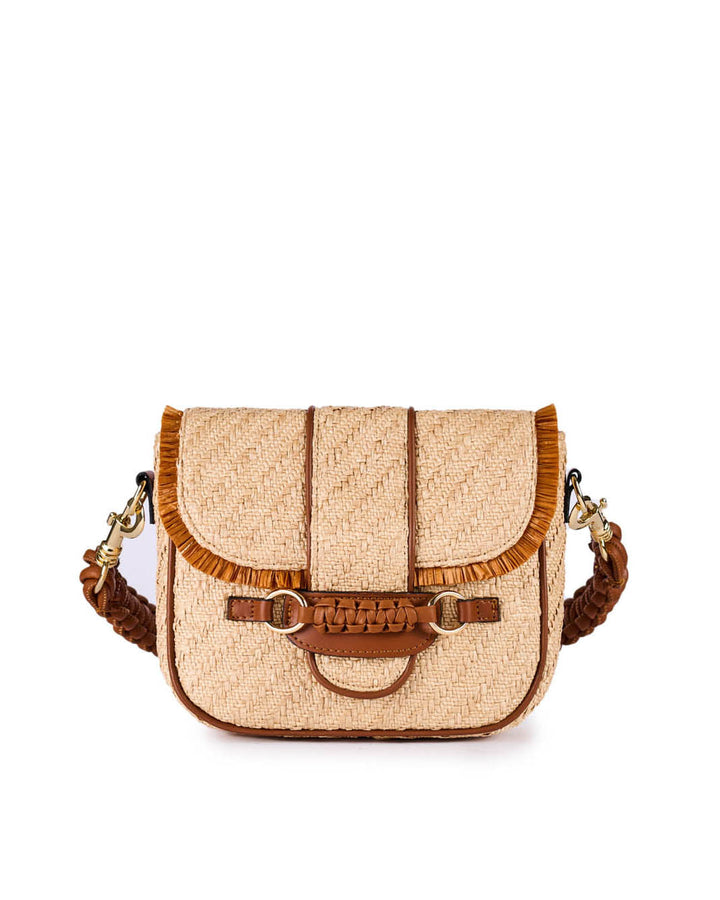 Small tan woven crossbody bag with braided leather accents and gold hardware