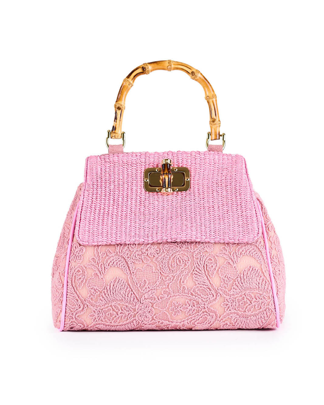 Pink woven handbag with bamboo handle and lace detailing