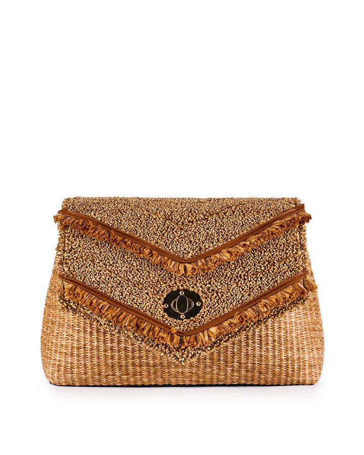 Straw woven clutch bag with fringe trim and clasp closure