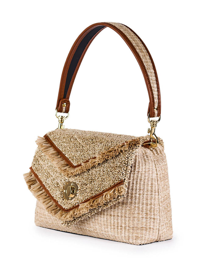 Stylish beige woven handbag with brown leather strap and fringe detailing