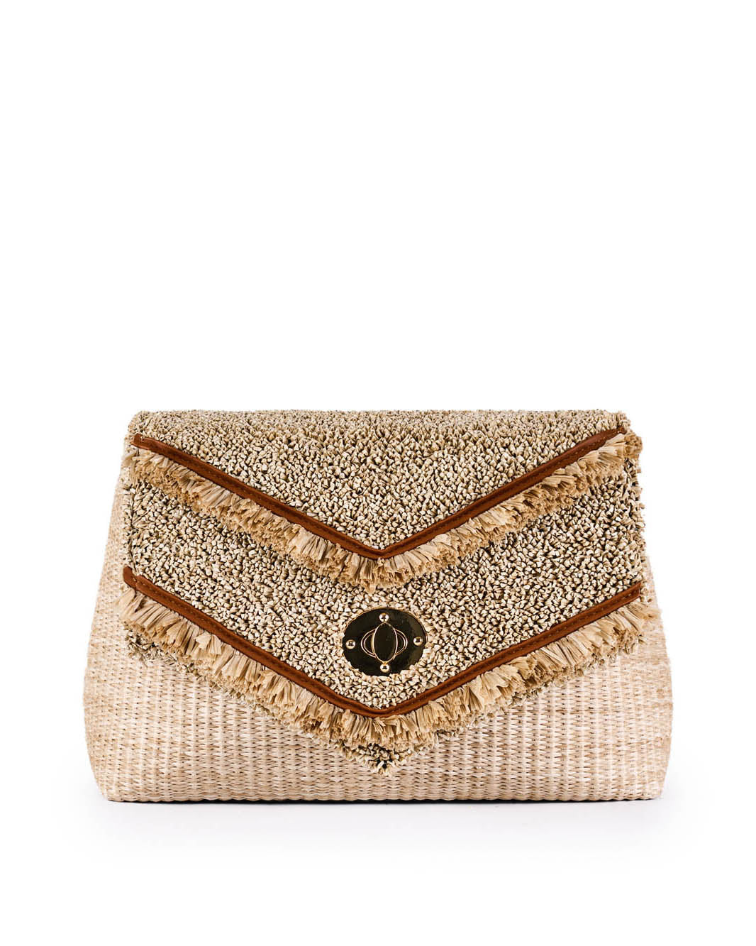 Woven straw clutch bag with fringe details and decorative clasp