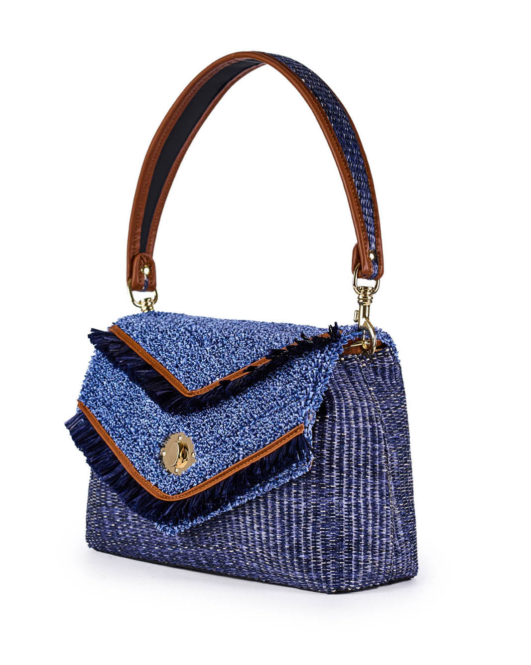 Stylish blue tweed handbag with brown leather strap and gold clasp