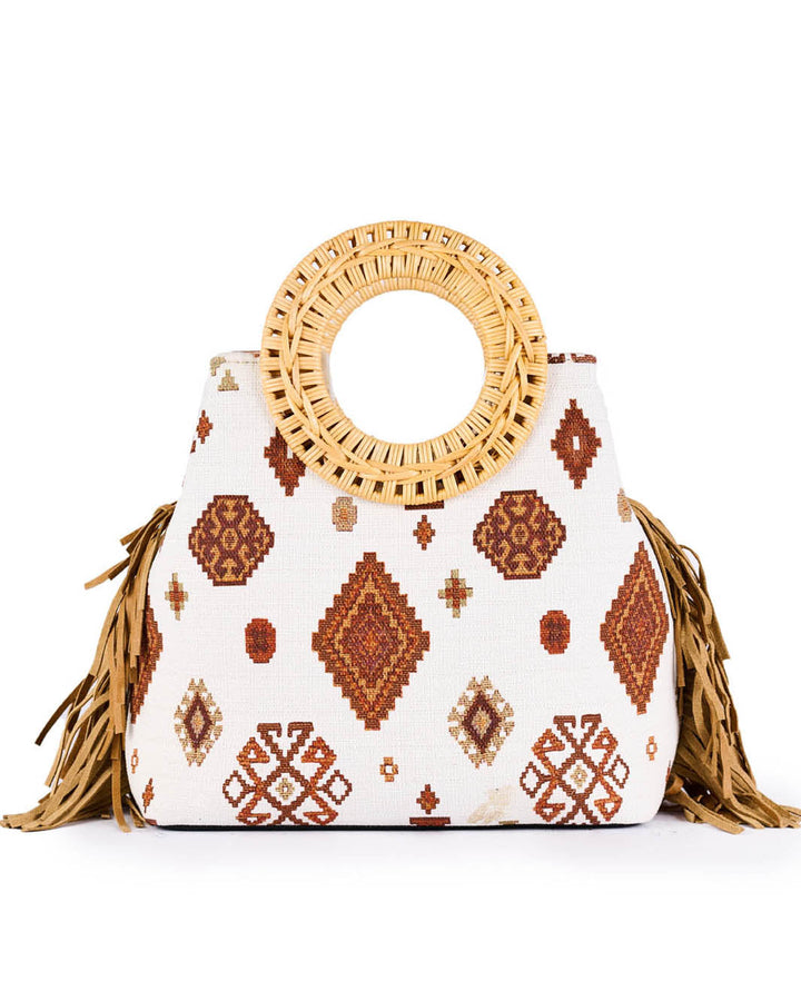 Handwoven tote bag with geometric patterns and wooden circular handle