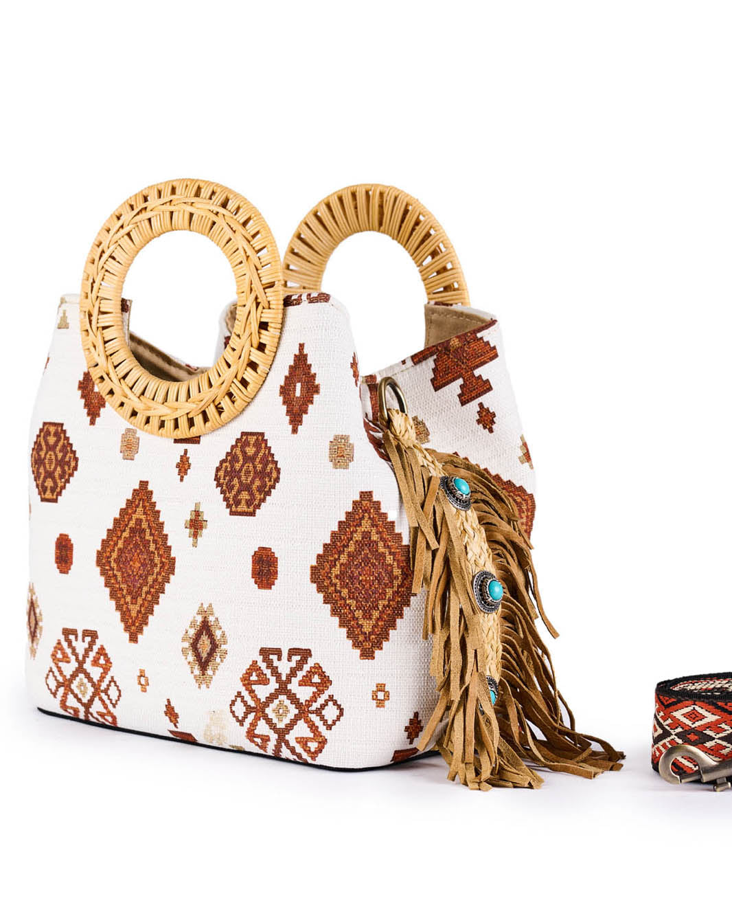 Bohemian-style handbag with tribal patterns and wooden handles