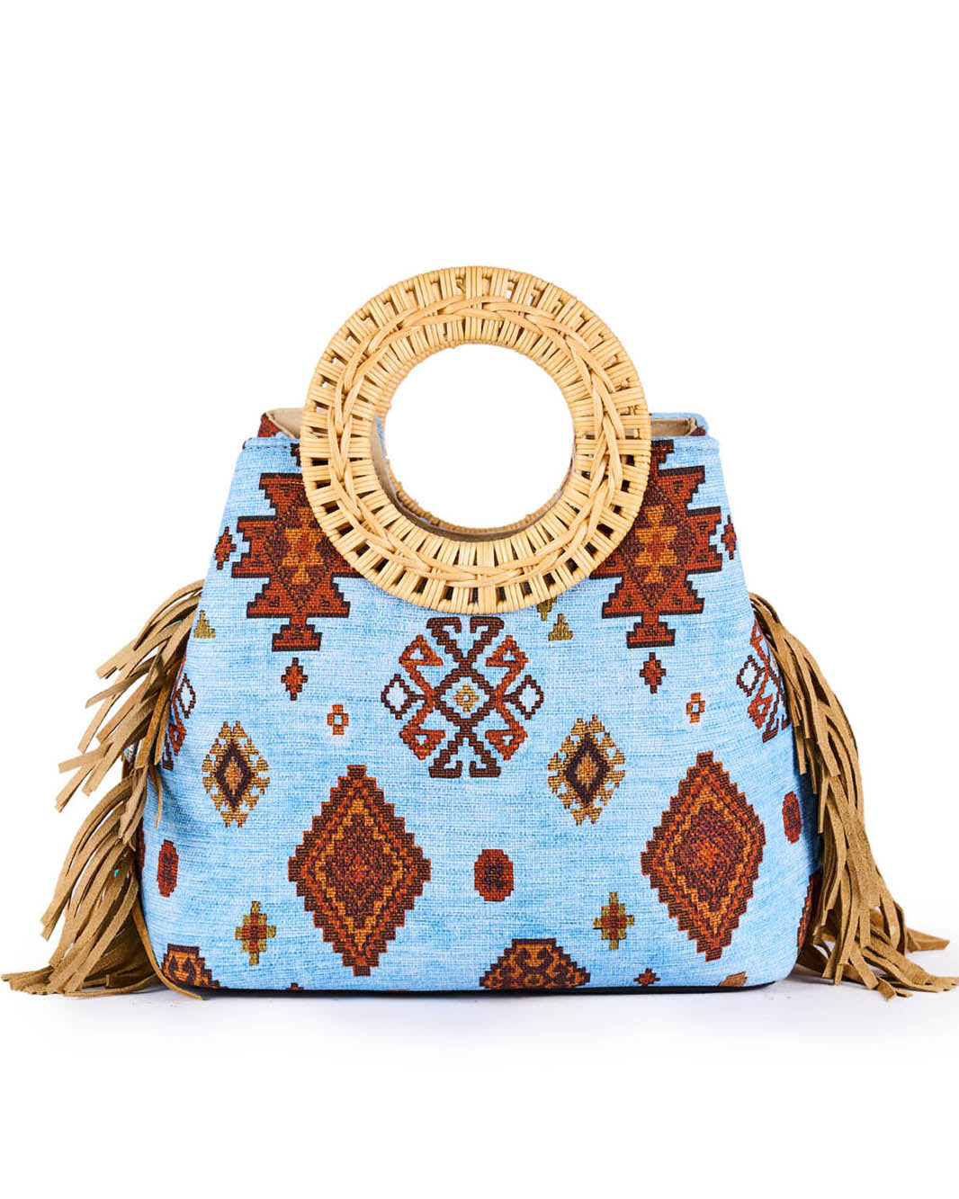 Blue Aztec print handbag with round bamboo handle and tan fringe