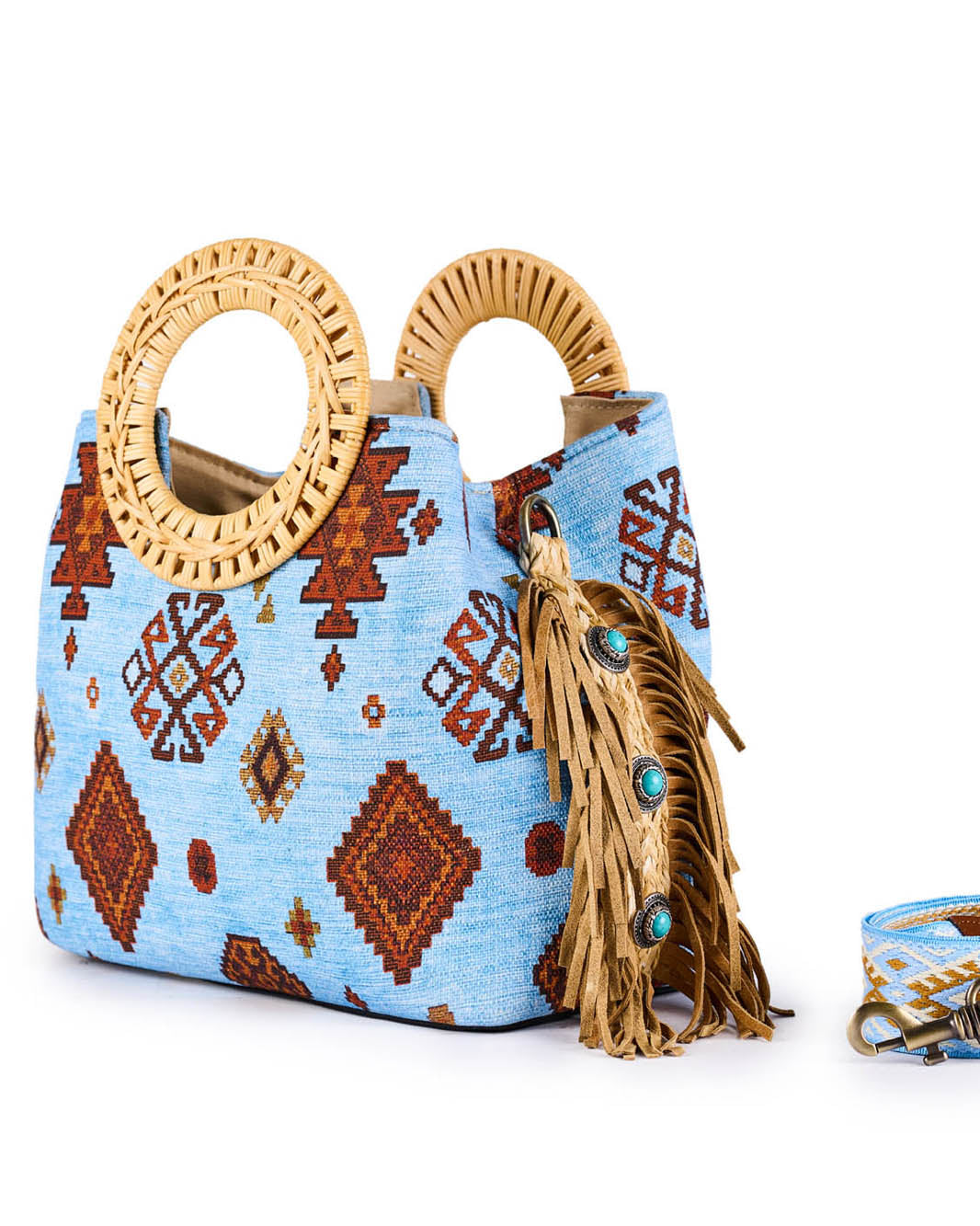 Blue boho handbag with wooden circular handles, tribal patterns, and fringe tassel detailing