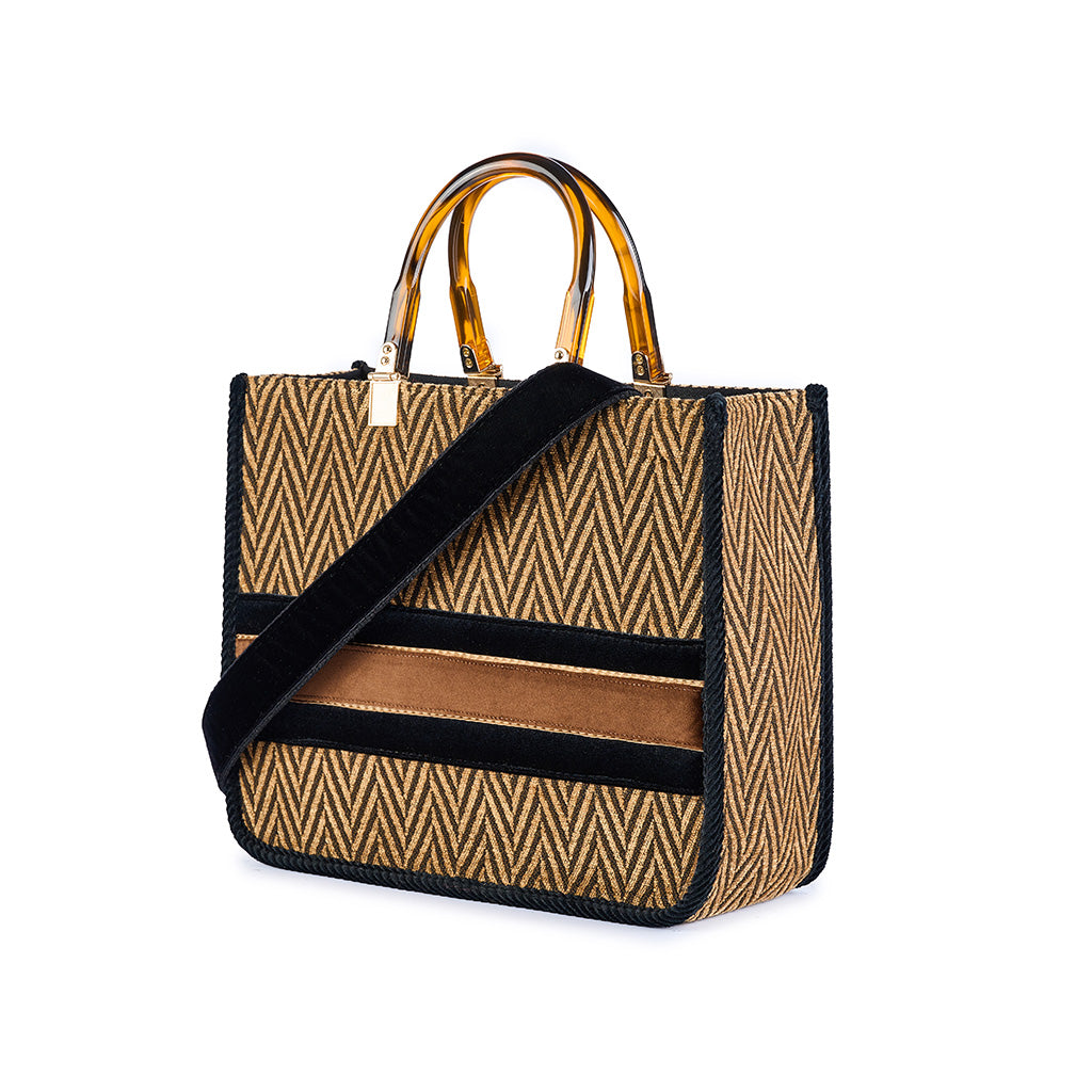 Stylish woven tote bag with black and brown accents and clear handles