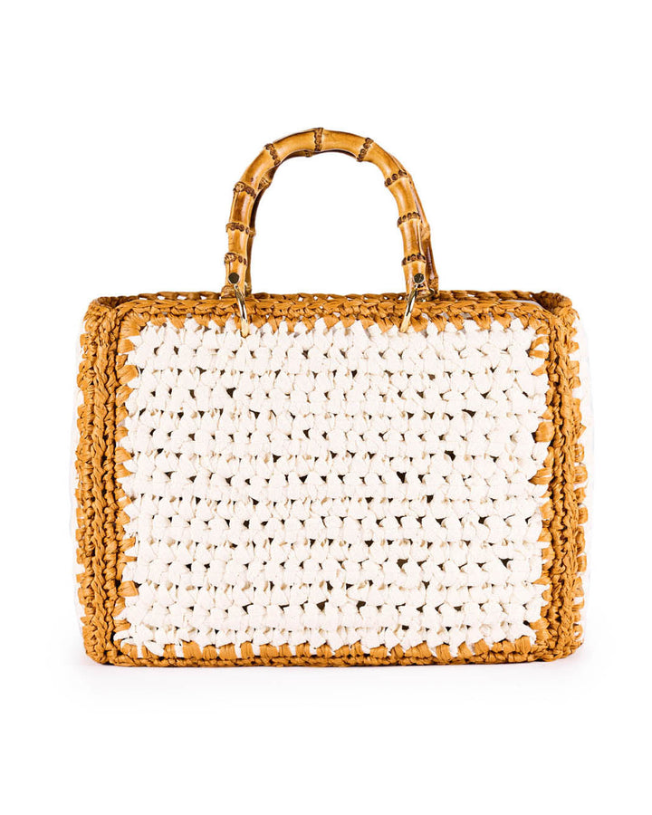 Hand-woven straw tote bag with bamboo handles and white crochet detailing