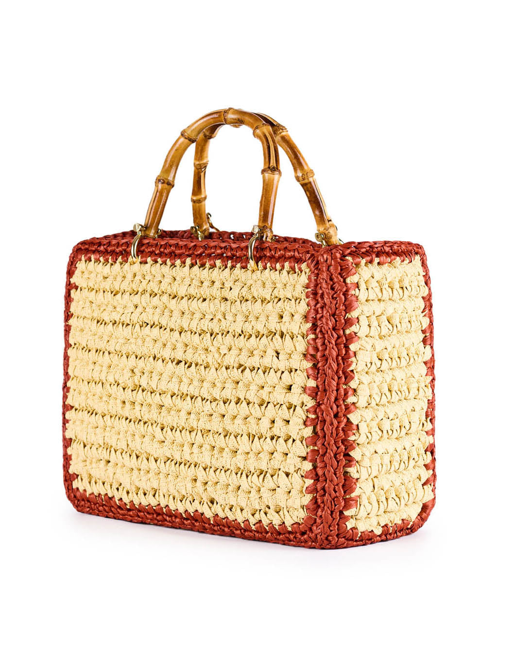 Handwoven straw tote bag with bamboo handles and red trim