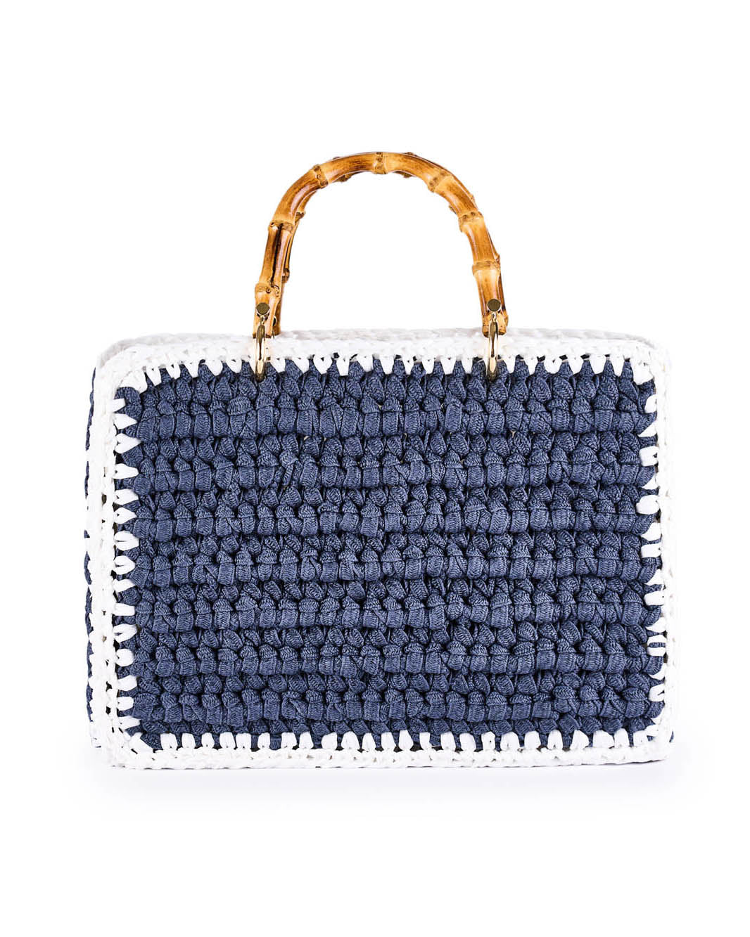 Handmade blue crochet handbag with bamboo handles