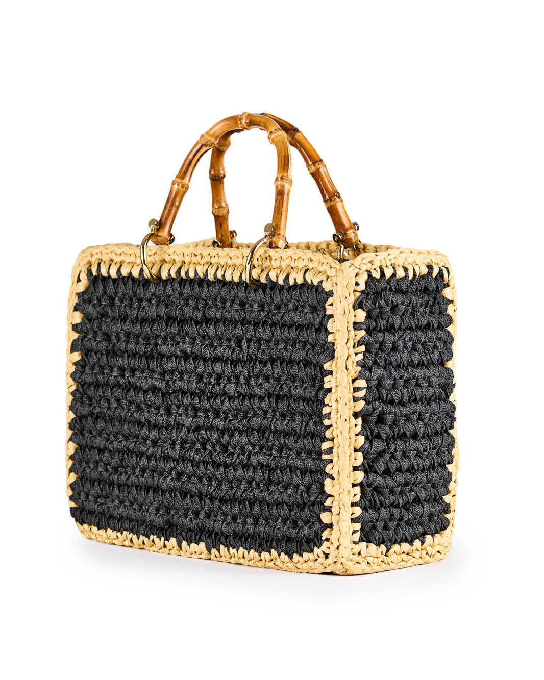 Handwoven straw and black woven handbag with bamboo handles
