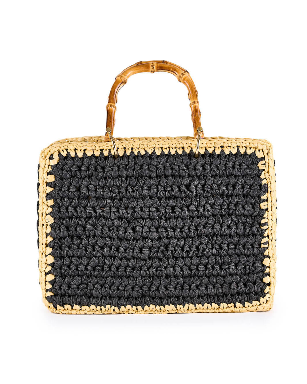 Handcrafted woven straw handbag with black crochet pattern and bamboo handles