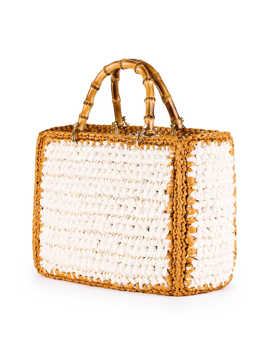 Woven straw handbag with bamboo handles