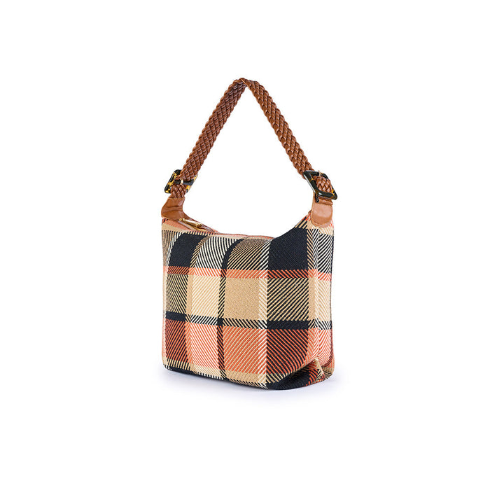 Plaid handbag with braided leather strap