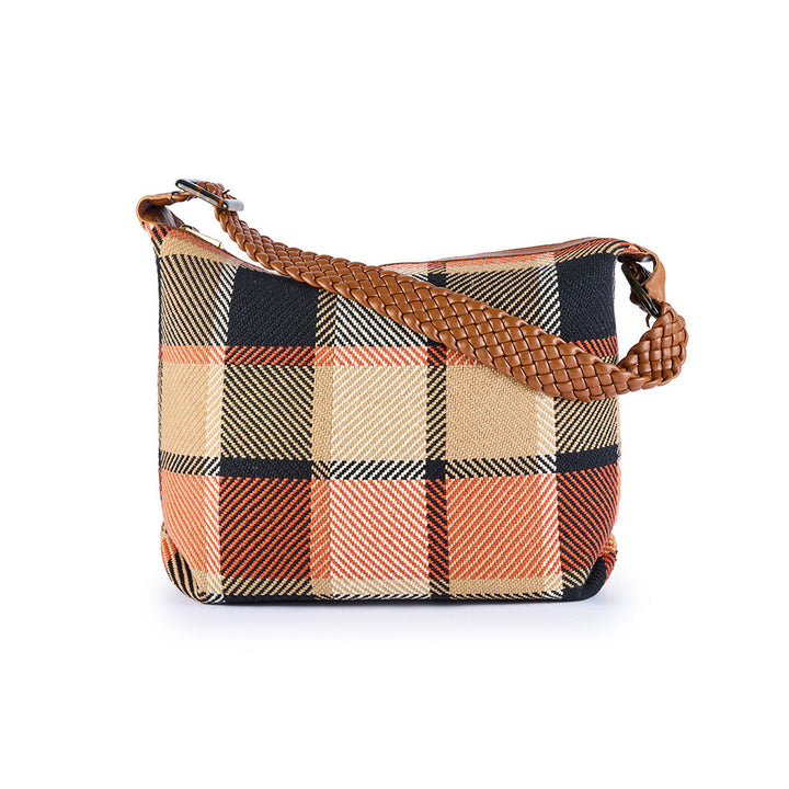 Plaid shoulder bag with woven strap in beige, black, and orange colors