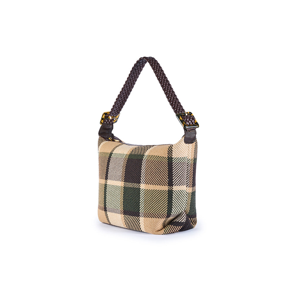 Checkered handbag with braided strap in beige, black, and green hues