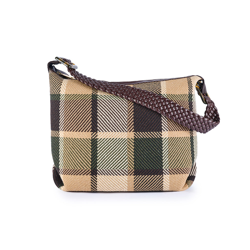 Plaid shoulder bag with braided leather strap