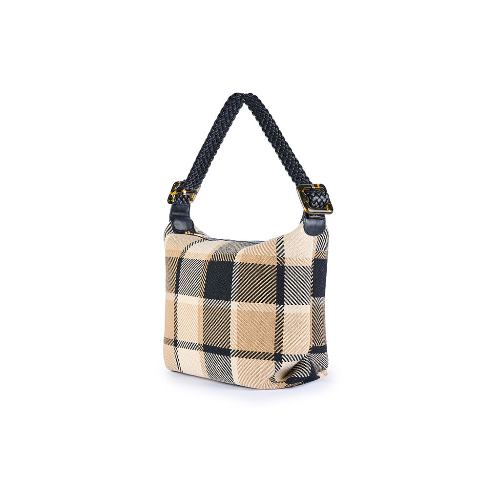 Plaid patterned handbag with black braided handle on white background