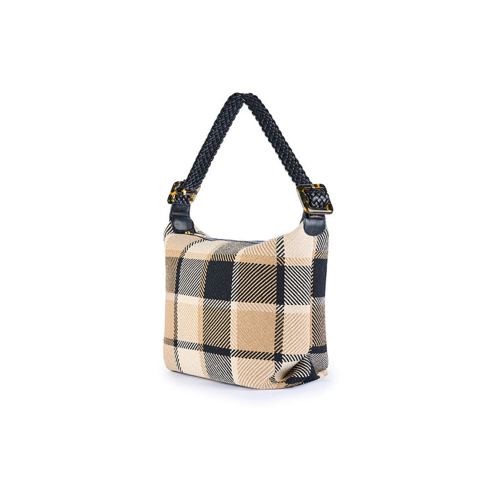 Plaid patterned handbag with black braided handle on white background