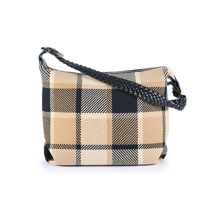 Plaid shoulder bag with black braided strap against white background