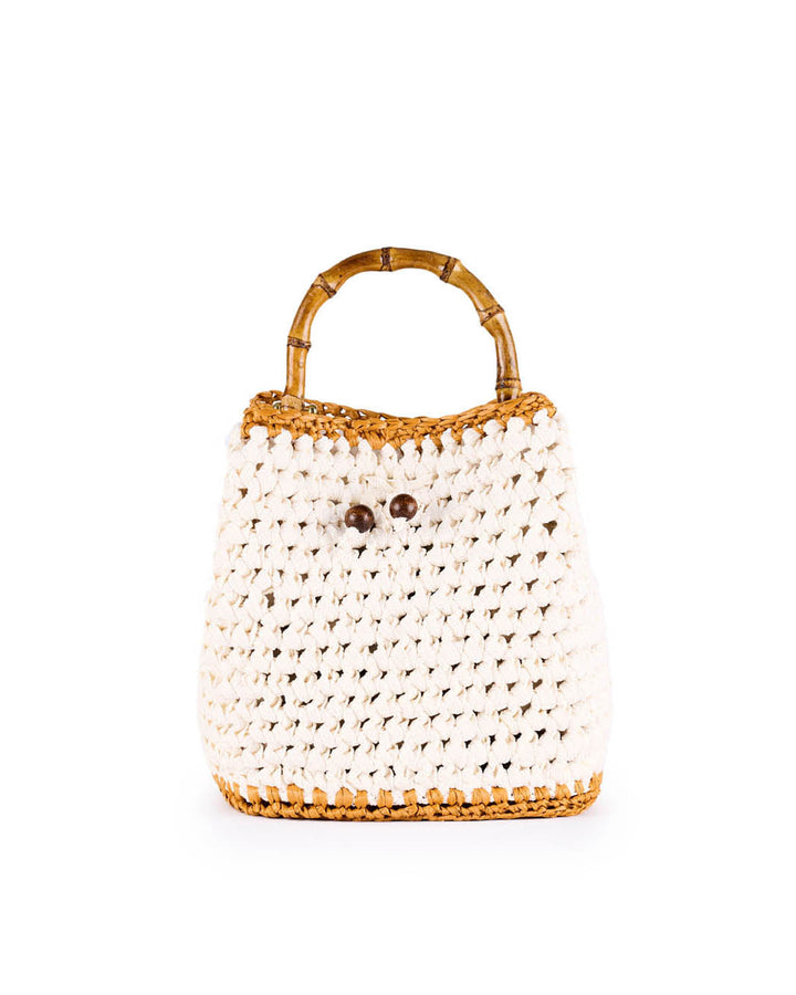 Handmade crochet bag with bamboo handle and button accents