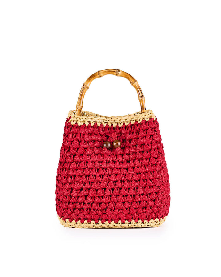 Handcrafted red crochet bag with bamboo handle and beaded detail