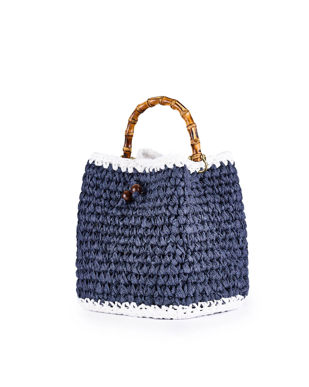 Handmade navy blue crocheted bag with bamboo handle and white trim