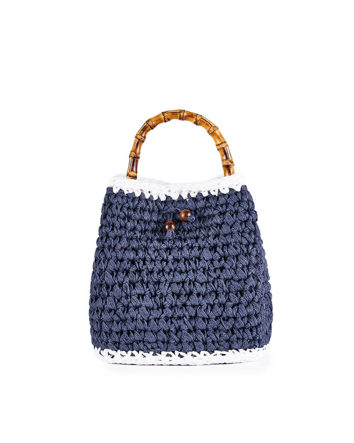 Navy blue crochet handbag with wooden handle and white trim