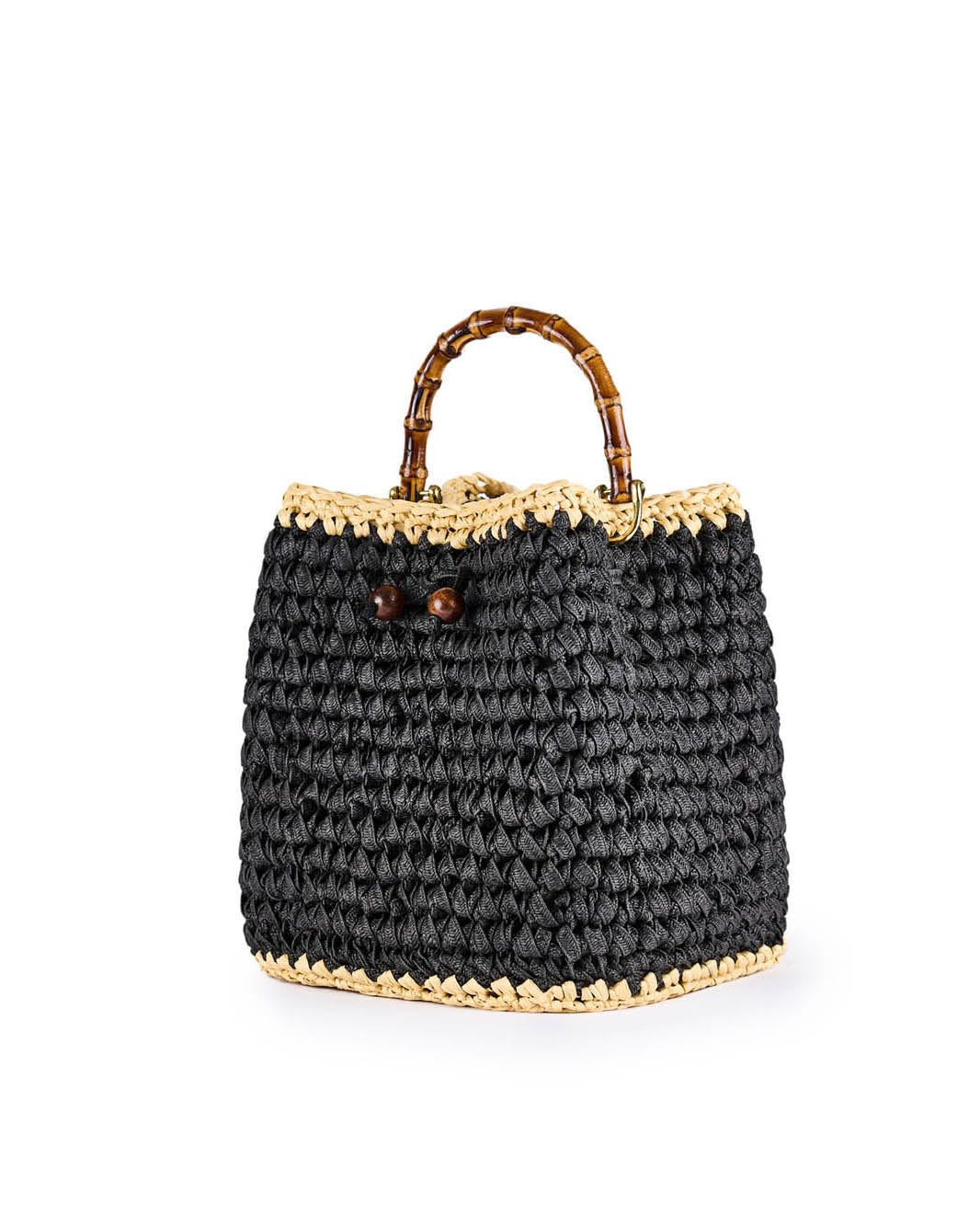 Black woven handbag with bamboo handles and beige trim