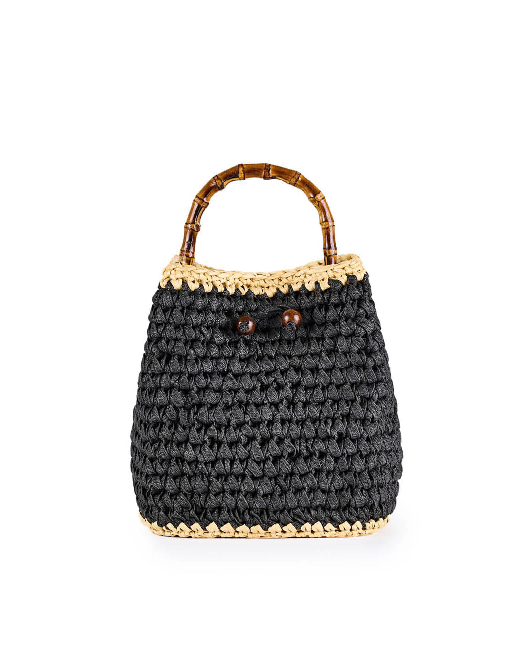 Handwoven black and beige raffia handbag with bamboo handle