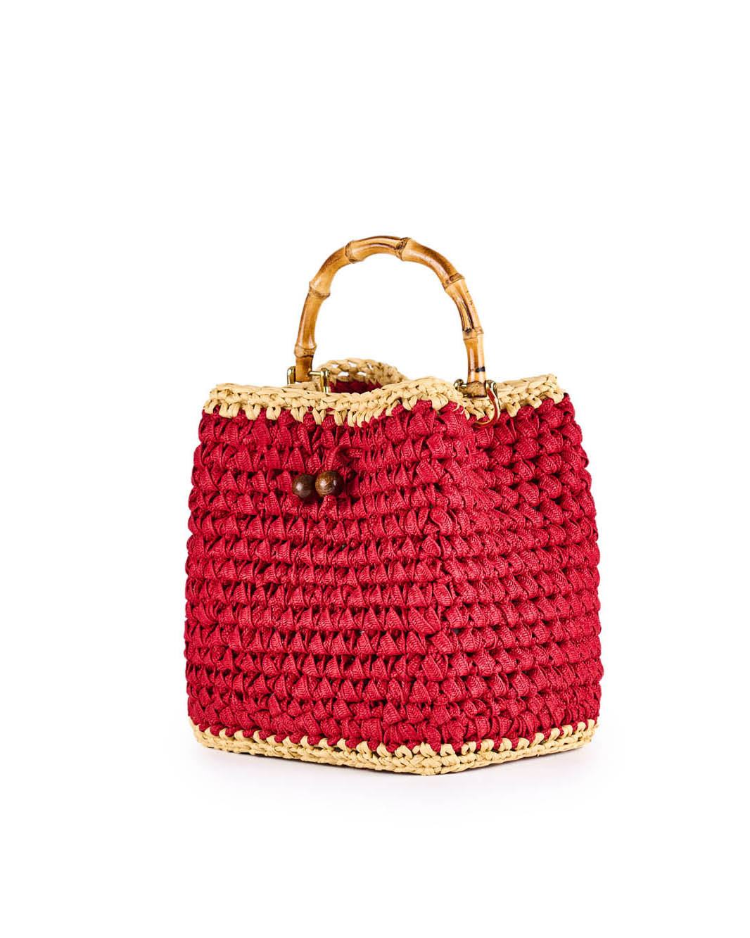 Handmade red crochet tote bag with bamboo handle