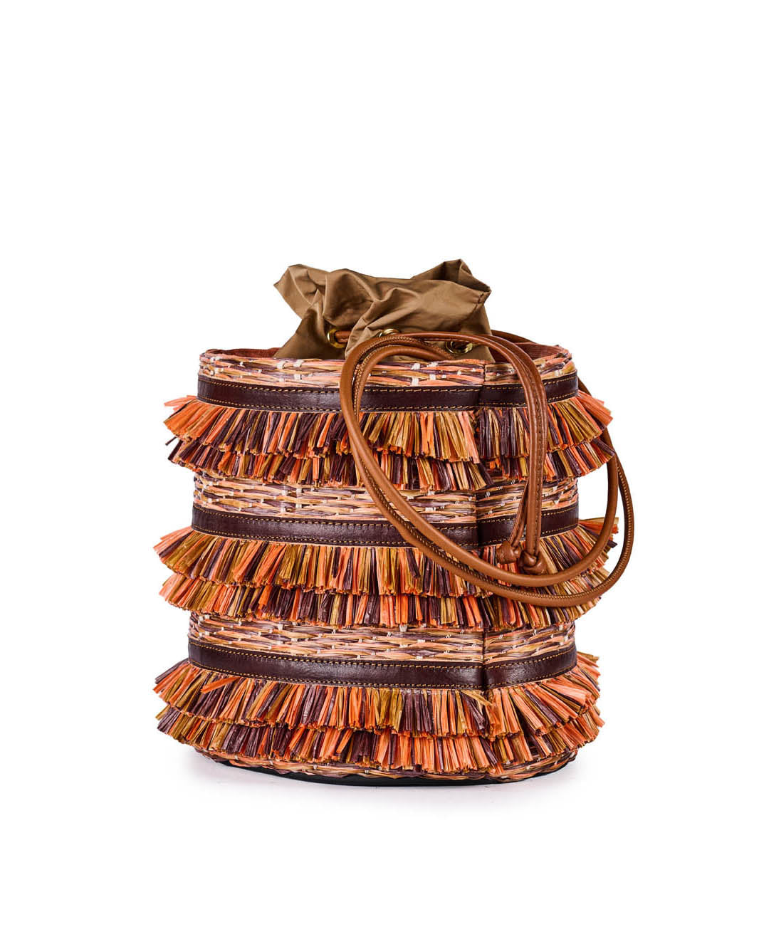 Colorful woven straw handbag with leather handles and drawstring closure