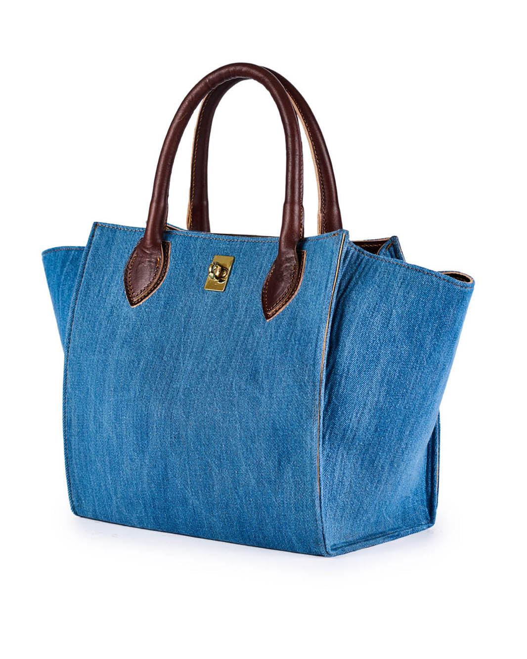 Blue denim handbag with brown leather handles