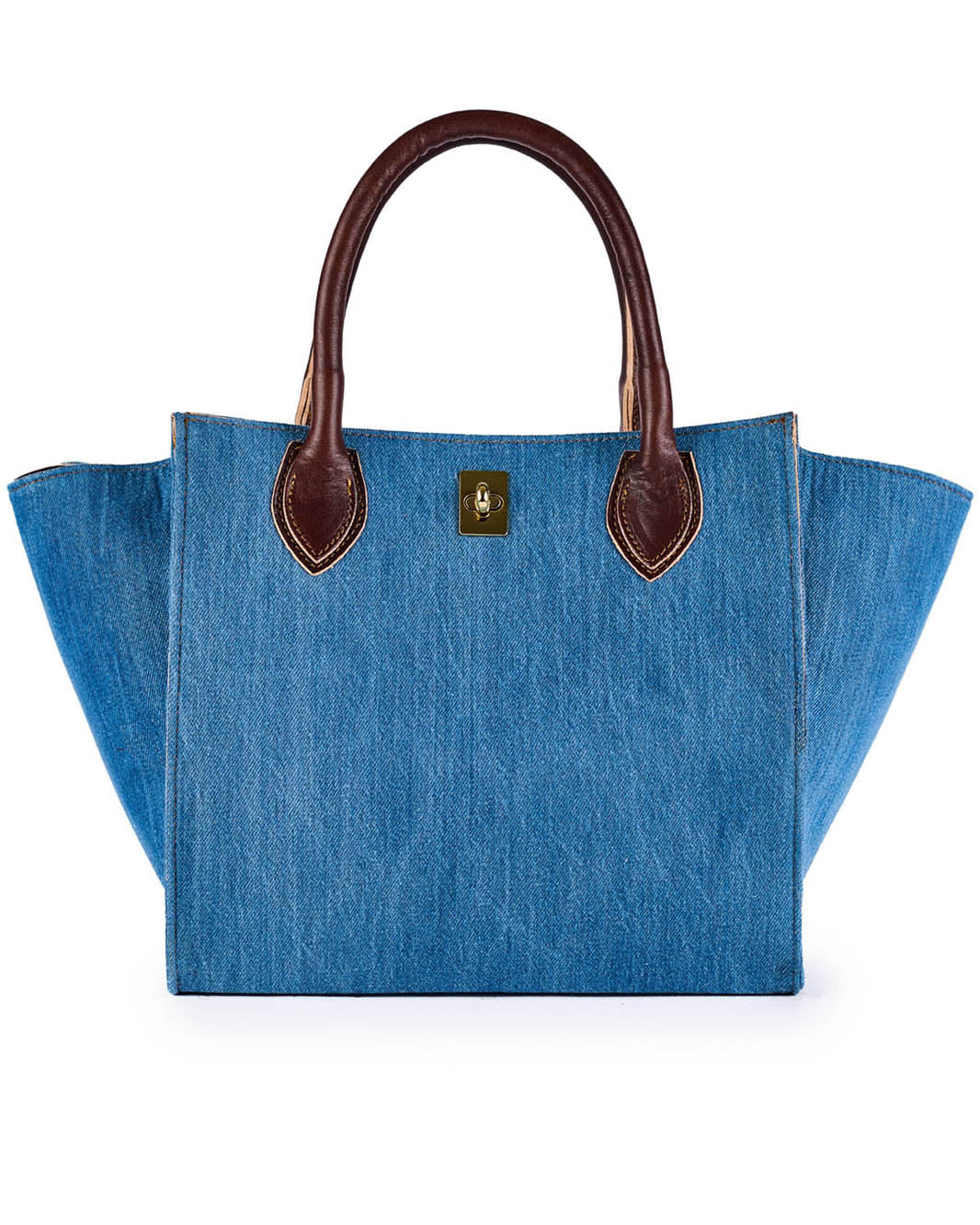 Blue denim tote bag with brown leather handles