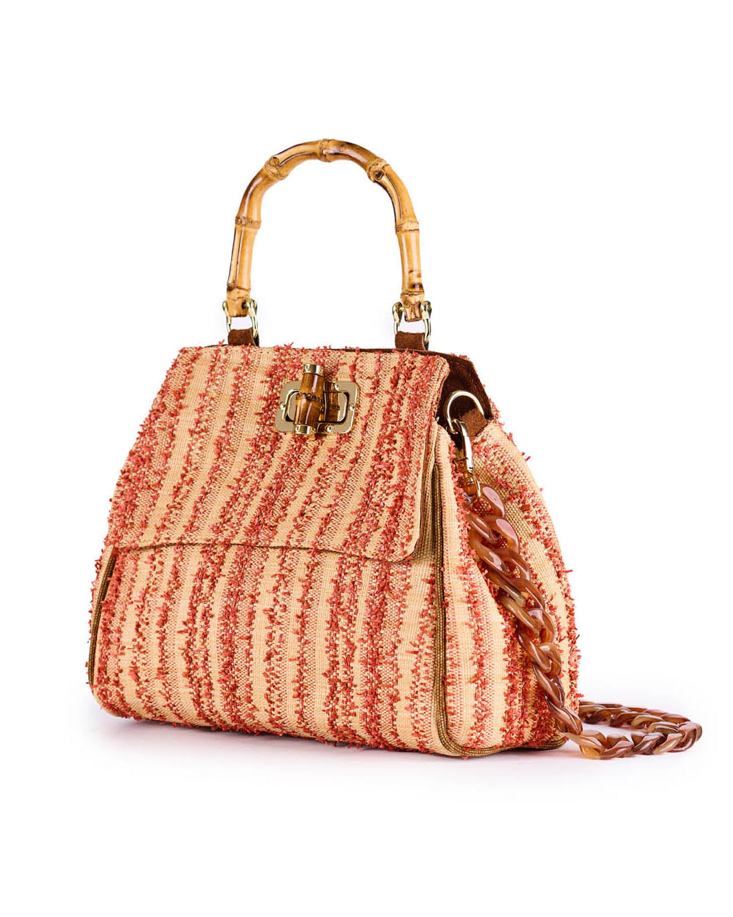 Stylish orange woven handbag with bamboo handle and chain strap