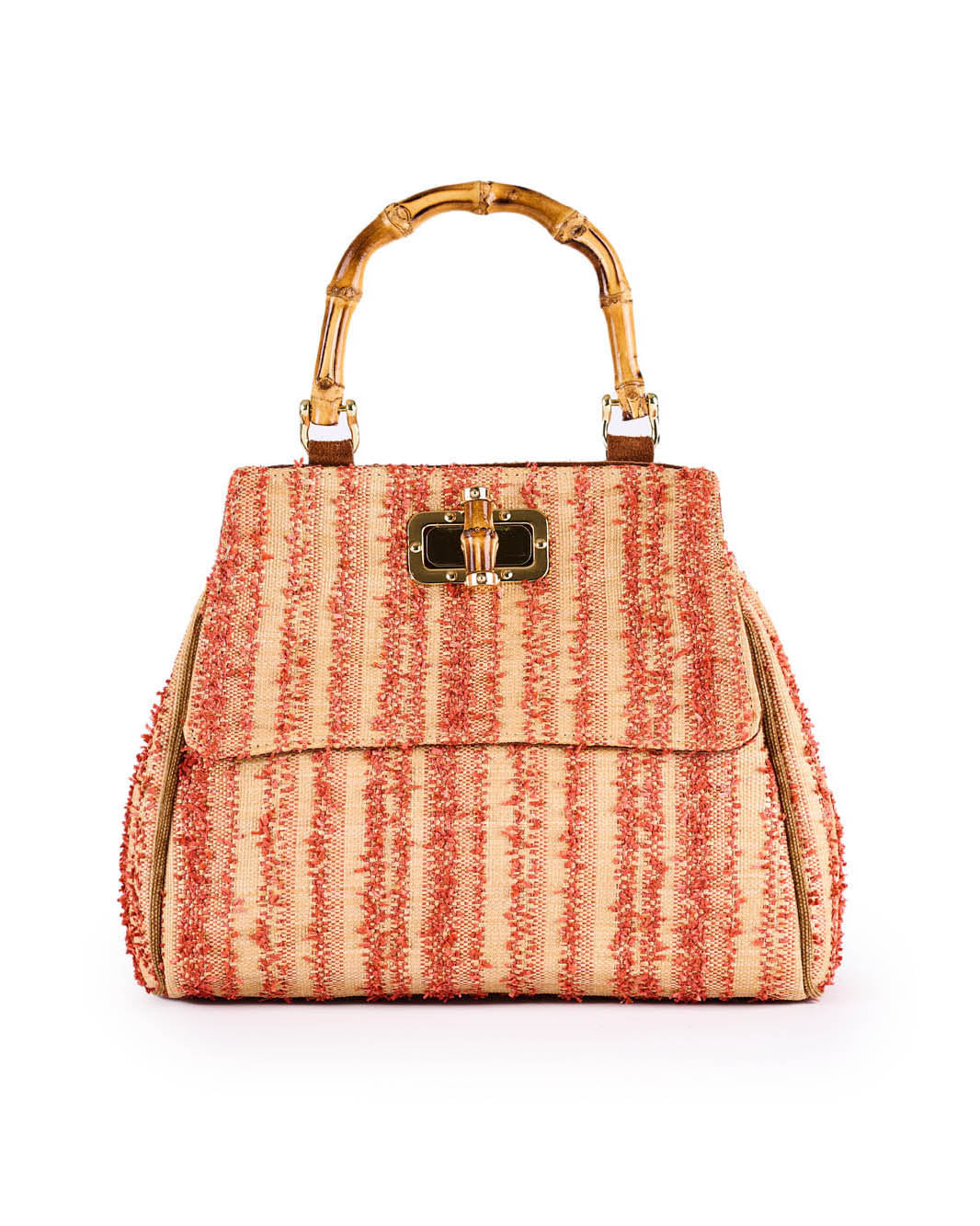 Woven red and beige handbag with bamboo handle