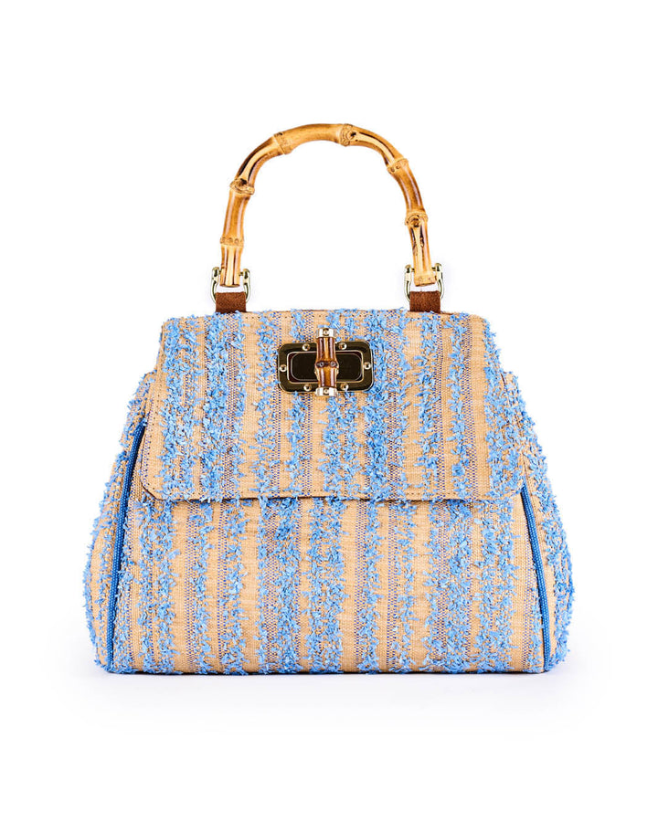 Chic woven handbag with bamboo handle and blue striped texture