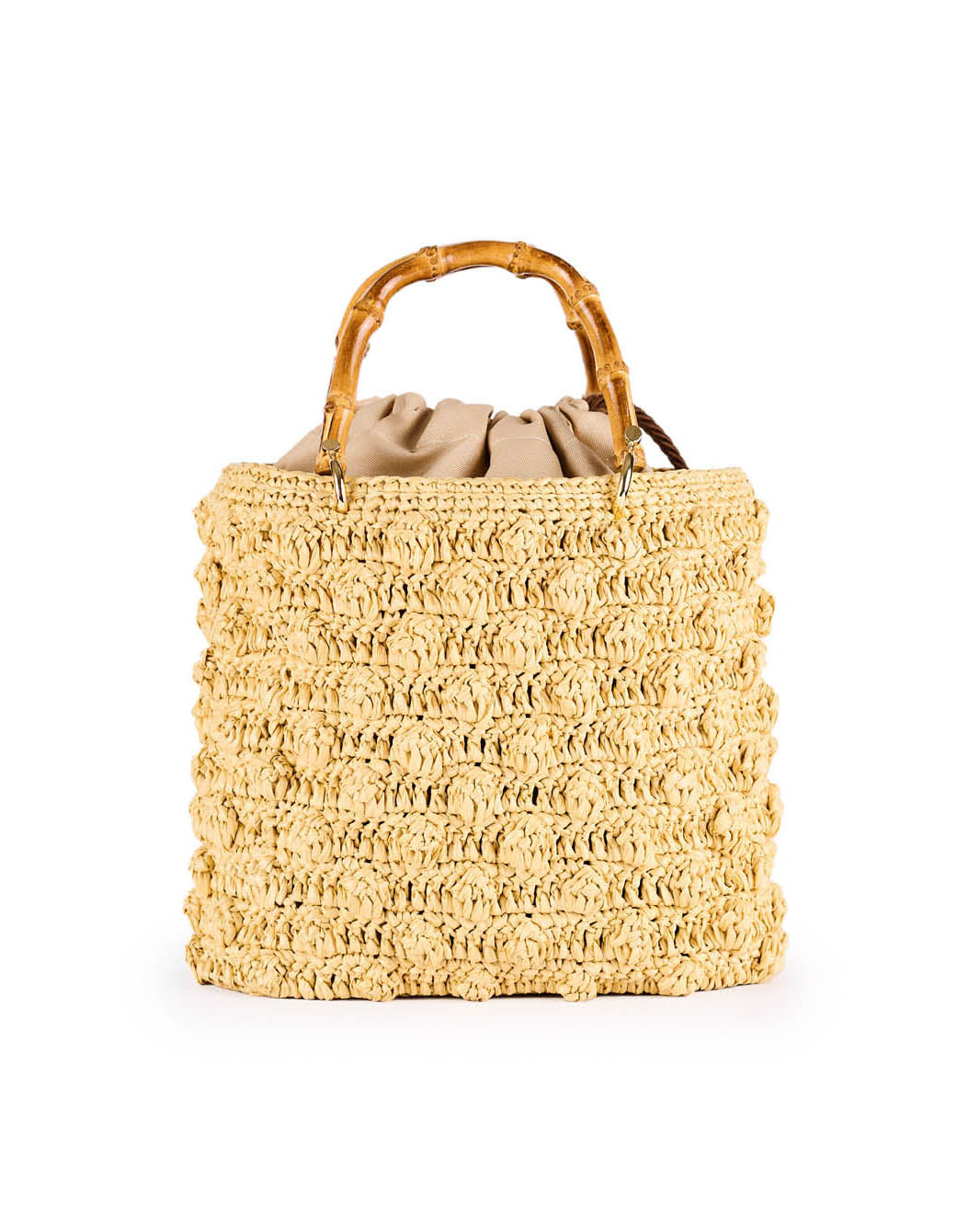 Handmade woven straw handbag with bamboo handles and drawstring closure