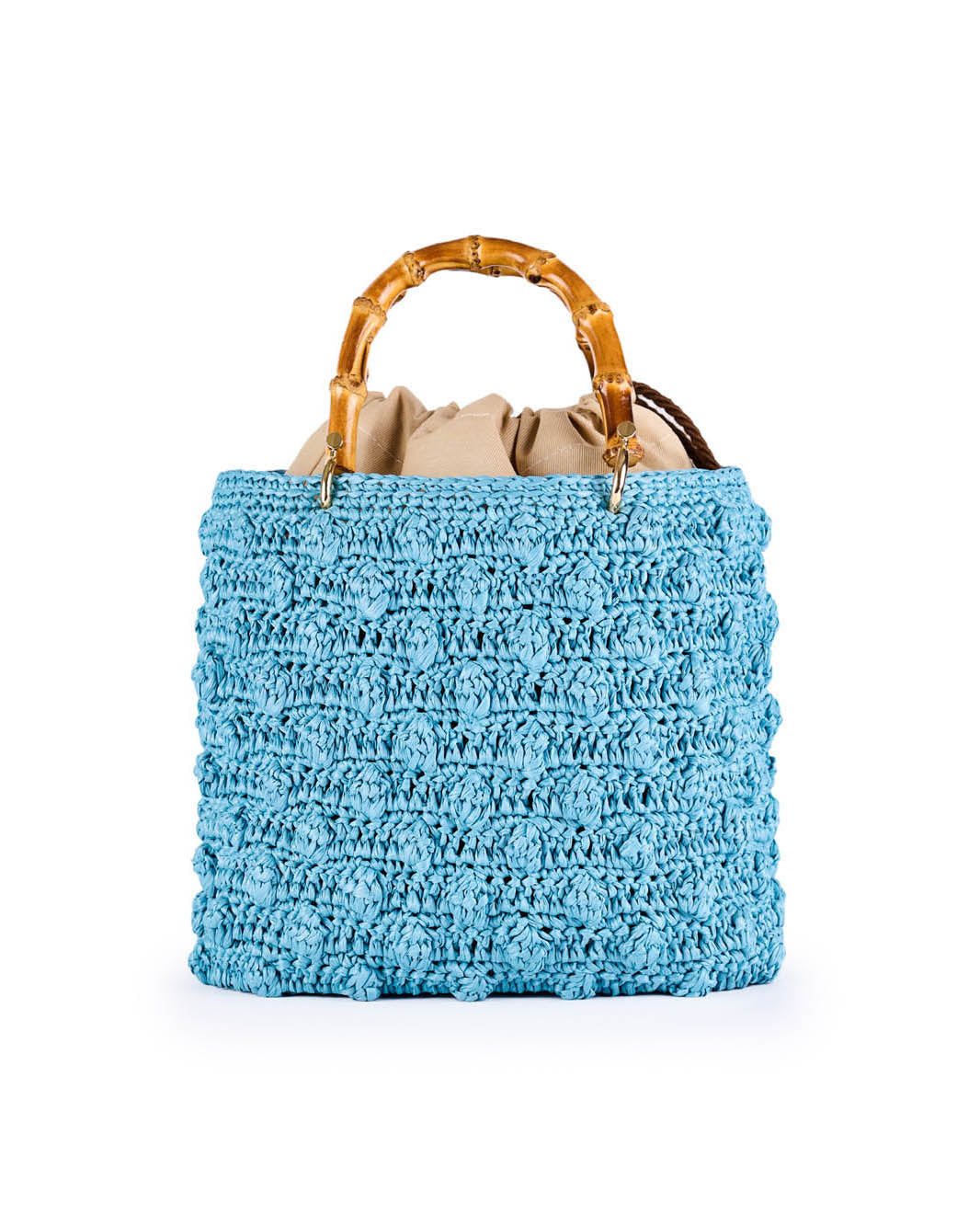 Blue woven handbag with bamboo handles on a white background