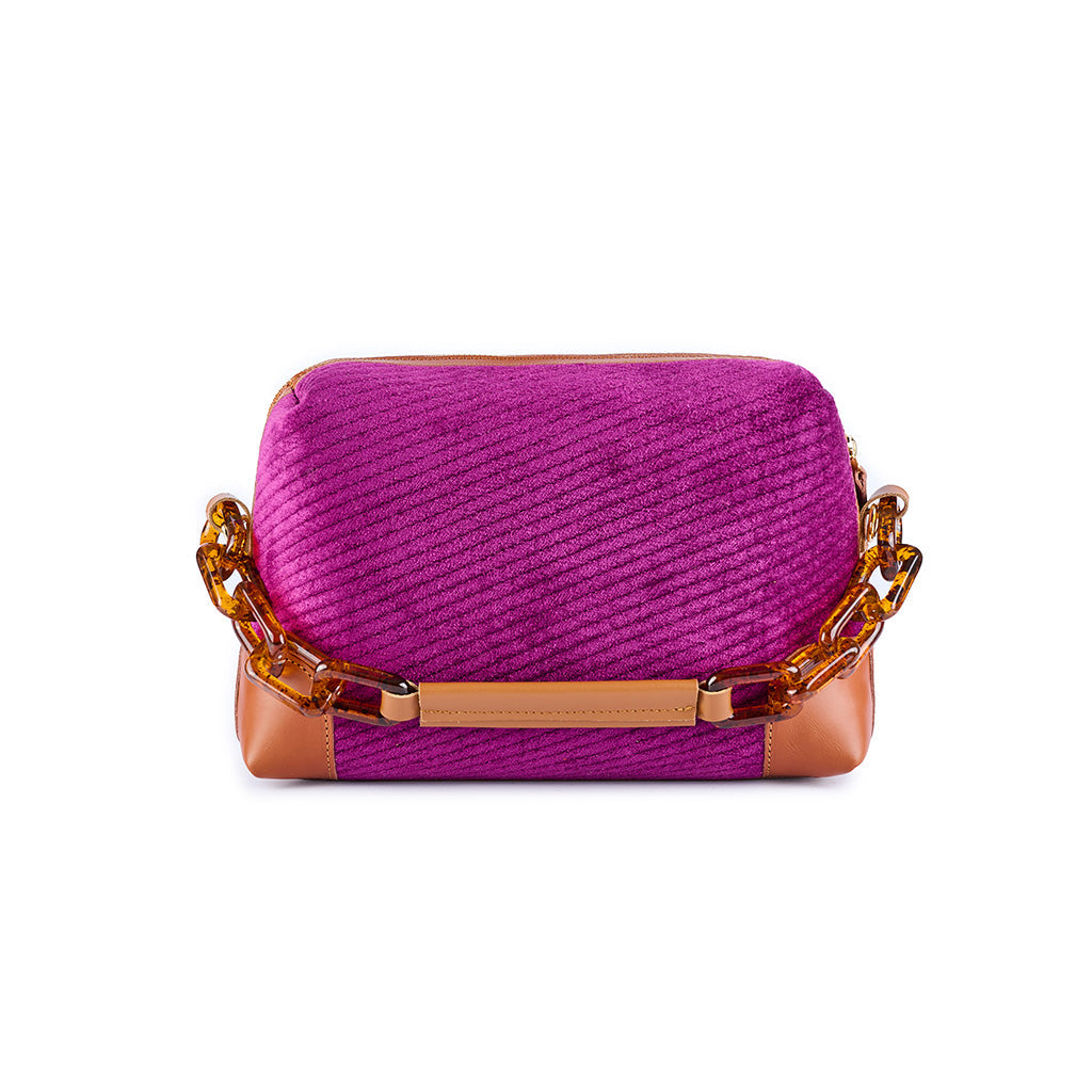 Purple velvet handbag with amber chain strap and tan leather accents