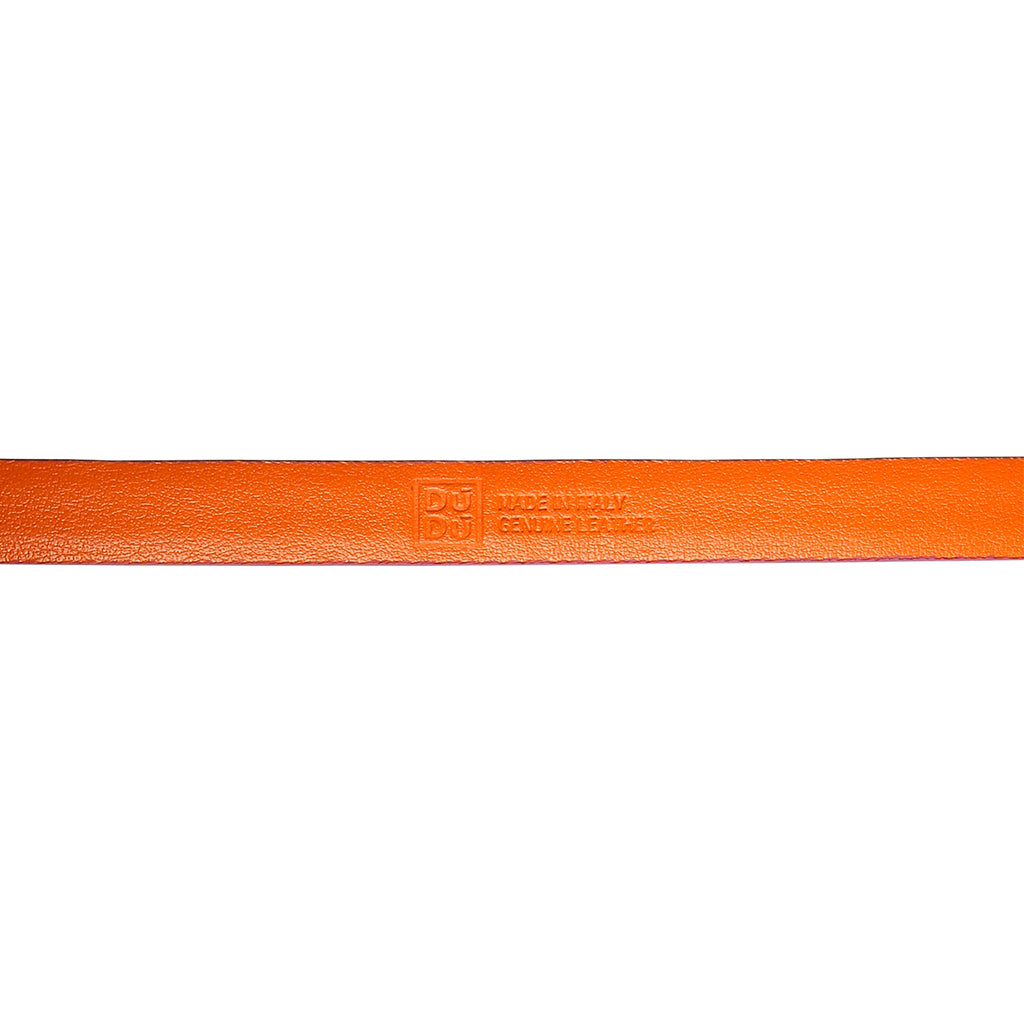 Orange leather belt with embossed brand logo and '100% freshly genuine leather' text