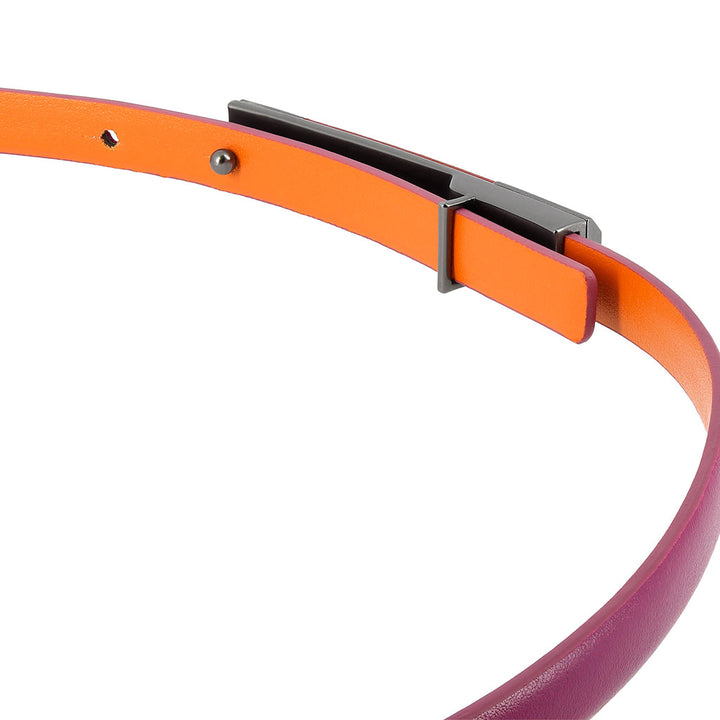 Two-tone leather belt with orange and pink reversible sides and sleek metallic buckle