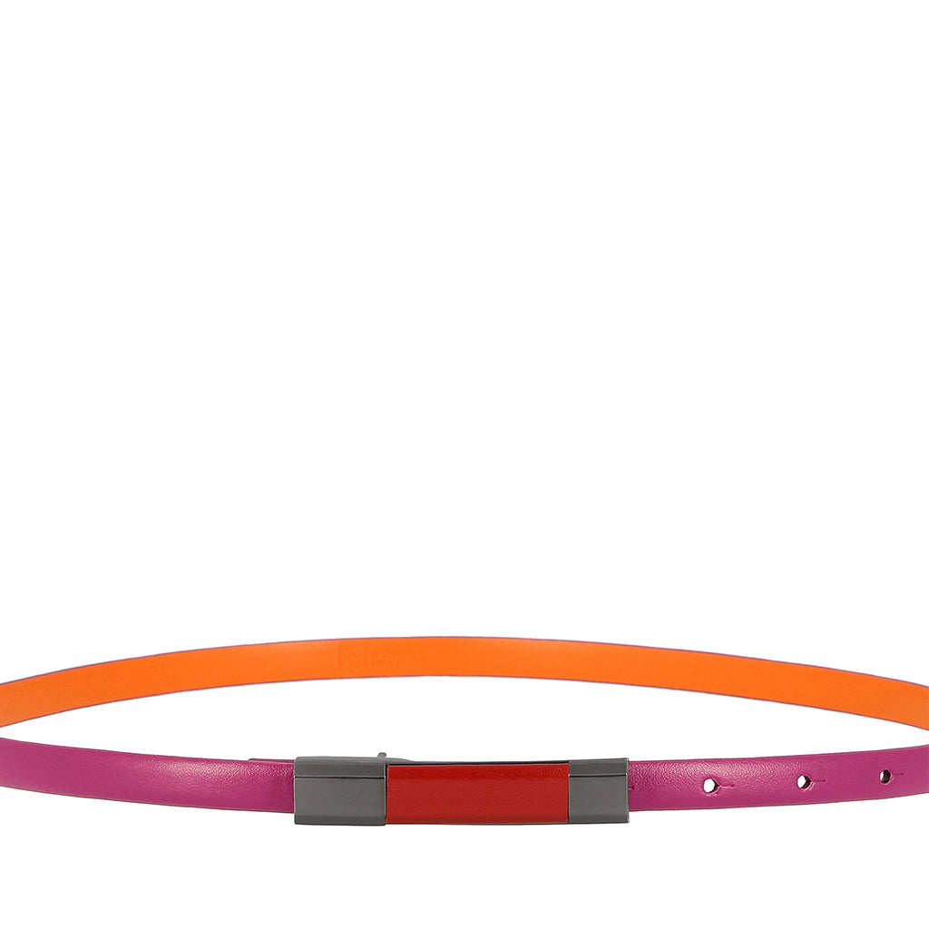 Bright orange and pink reversible leather belt with a metal buckle