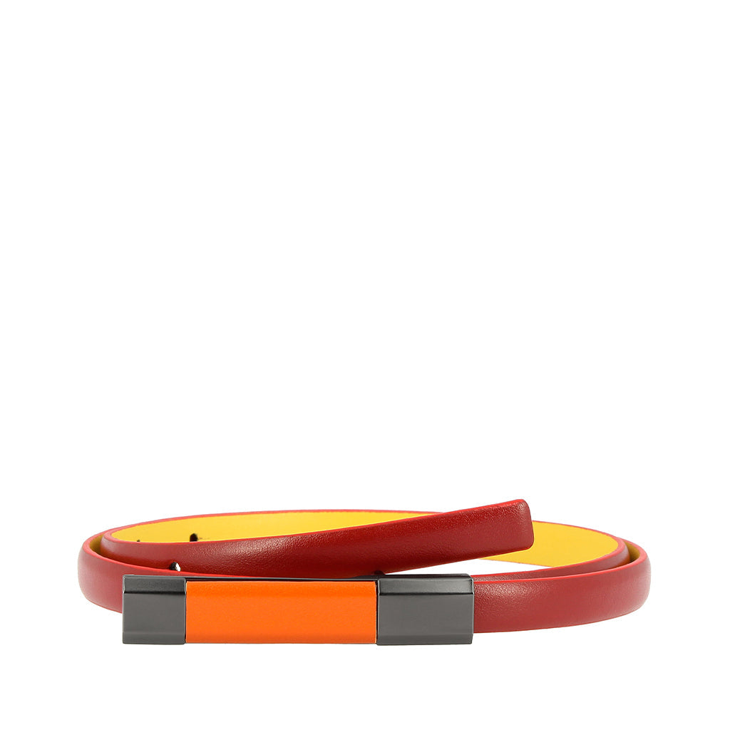 Stylish red and orange leather belt with modern buckle