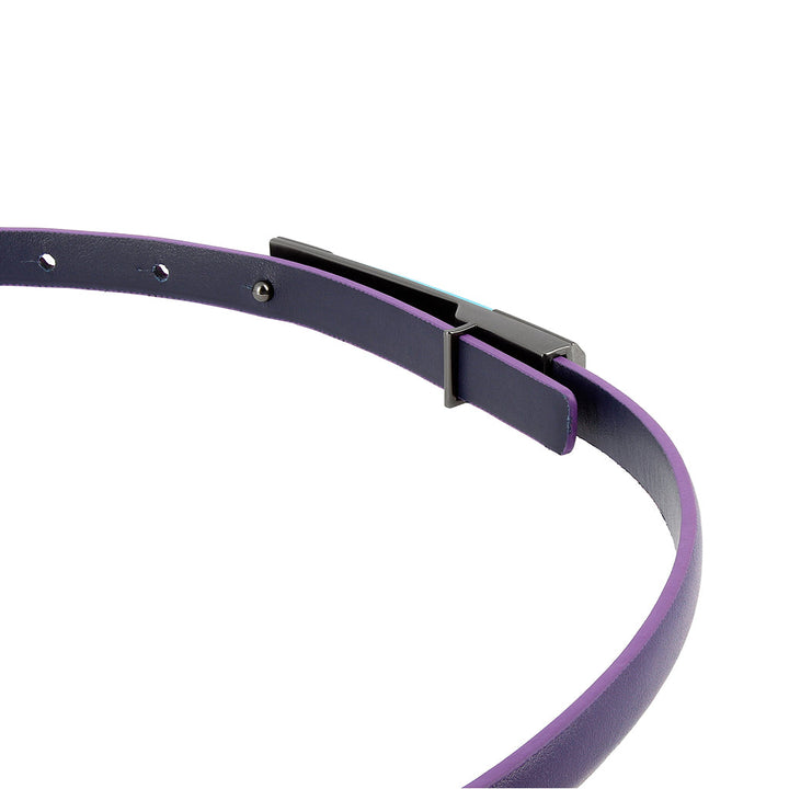 Purple leather belt with black buckle and multiple adjustment holes