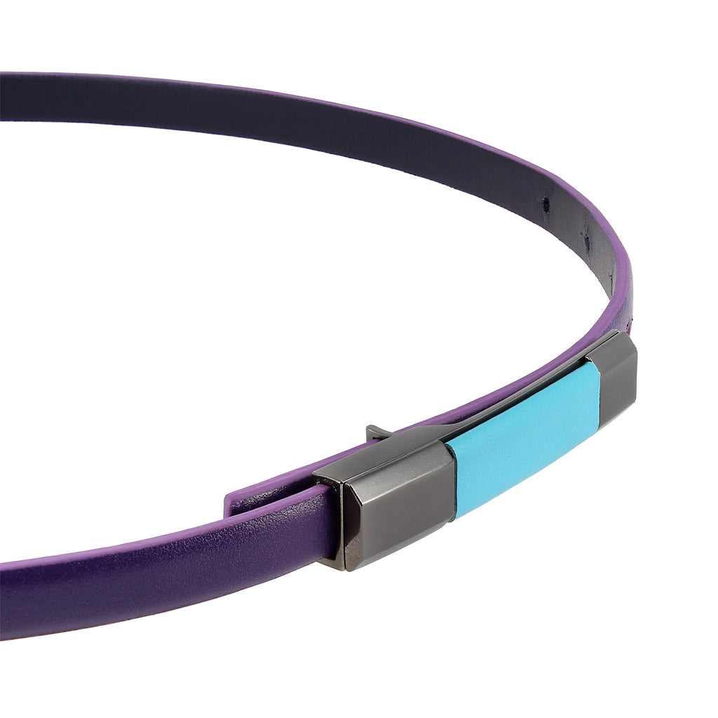 Modern purple leather belt with turquoise and gray buckle