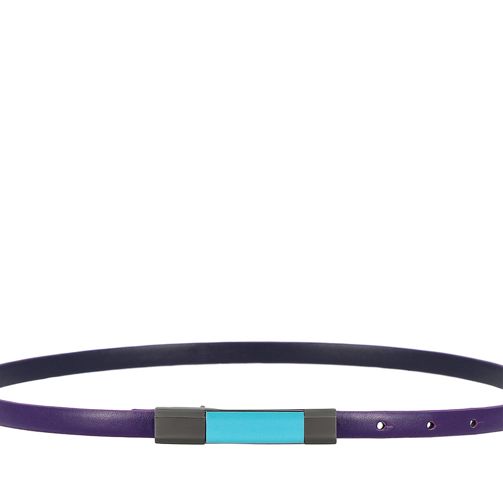 Purple leather belt with blue and black buckle